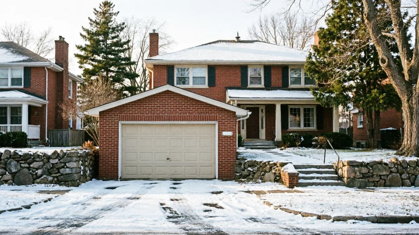 A brick house with a beige garage door and a snow-covered driveway.