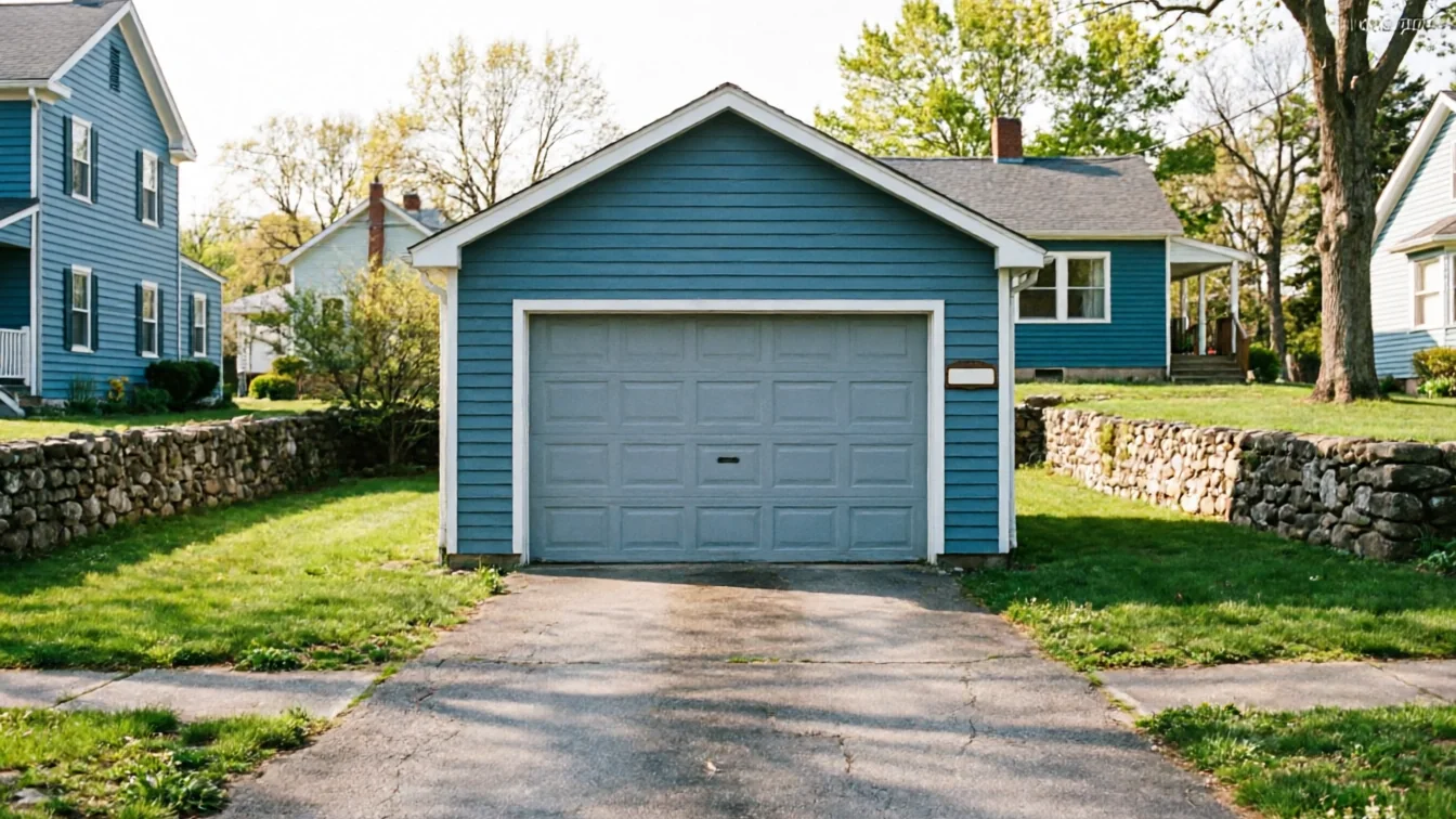 A blue garage with a gray garage door stands in a green yard.