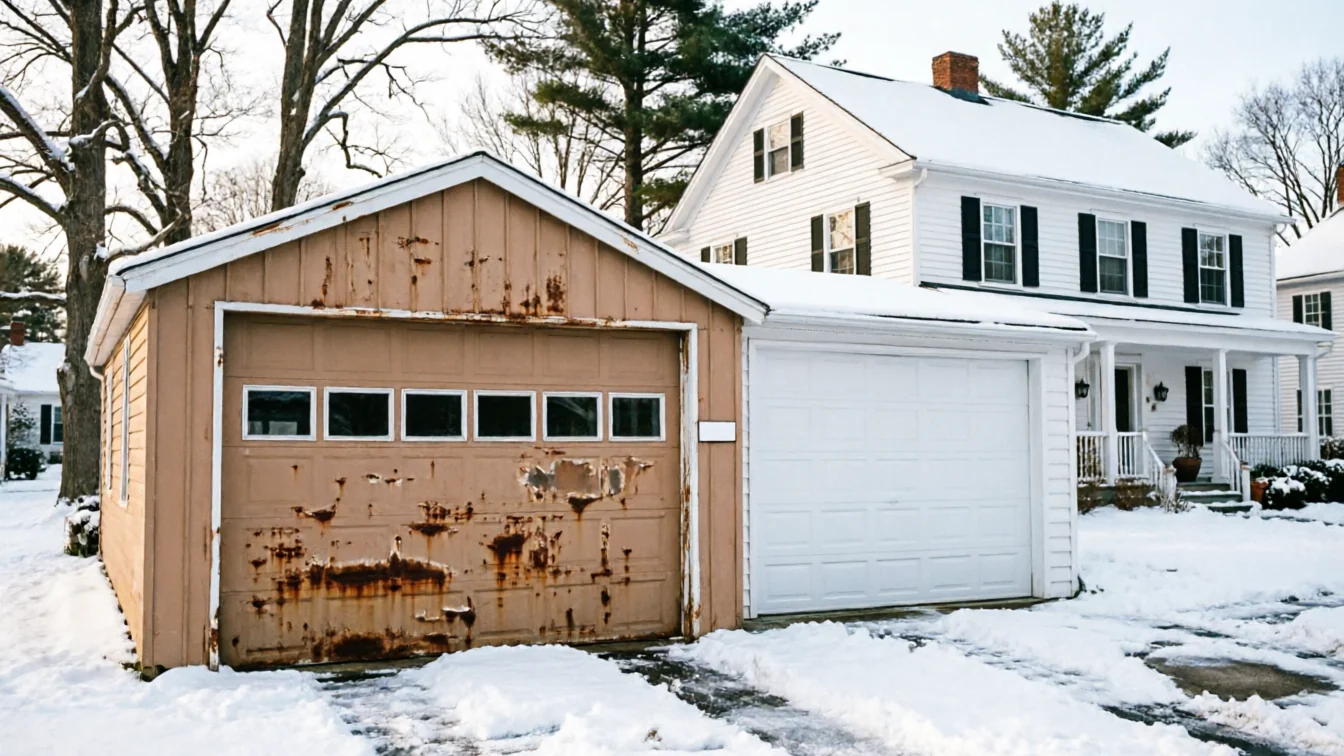 A rusty brown garage door and a white garage door next to a house in snow.