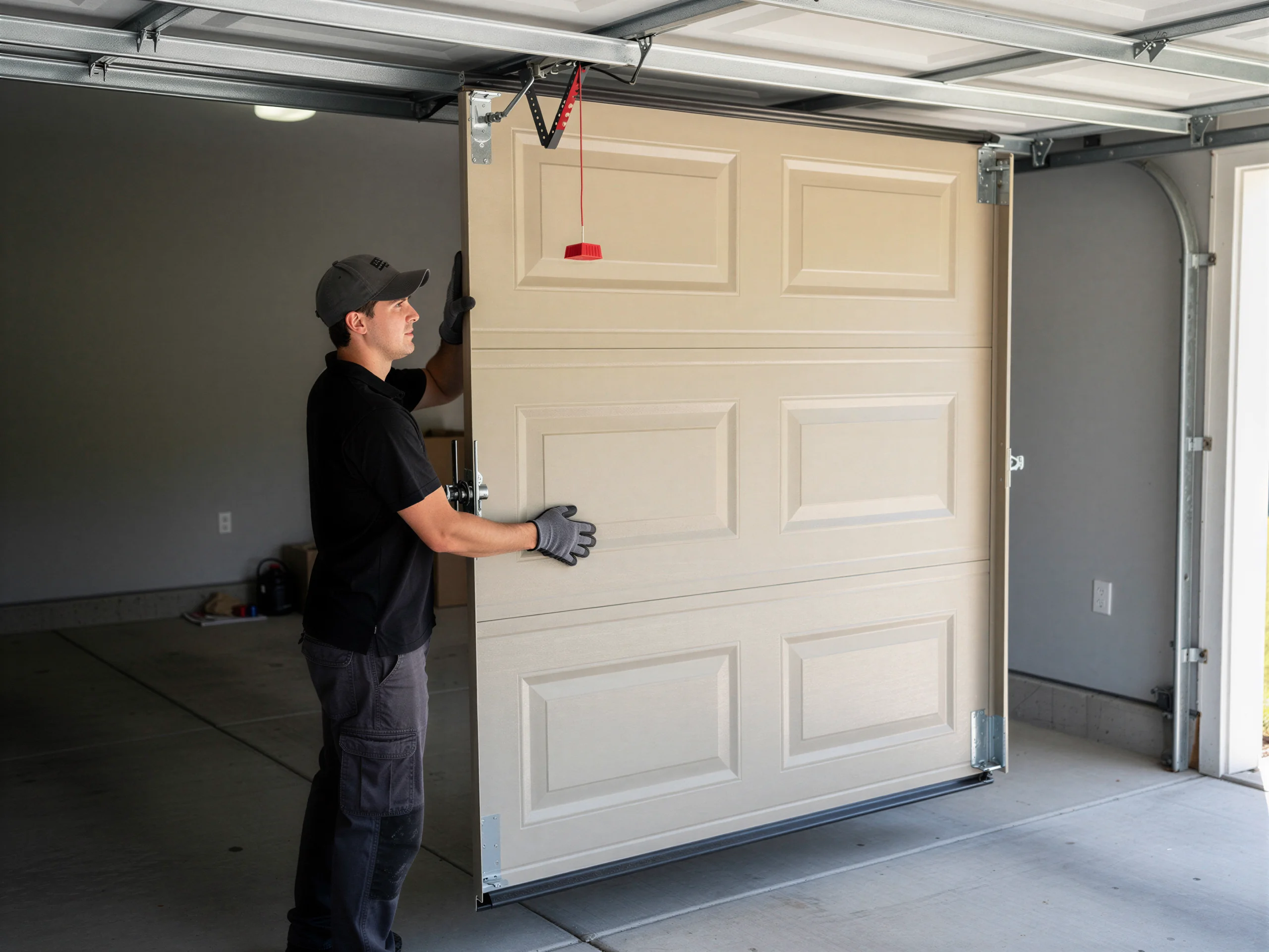 A technician in a cap and gloves installs a beige garage door.