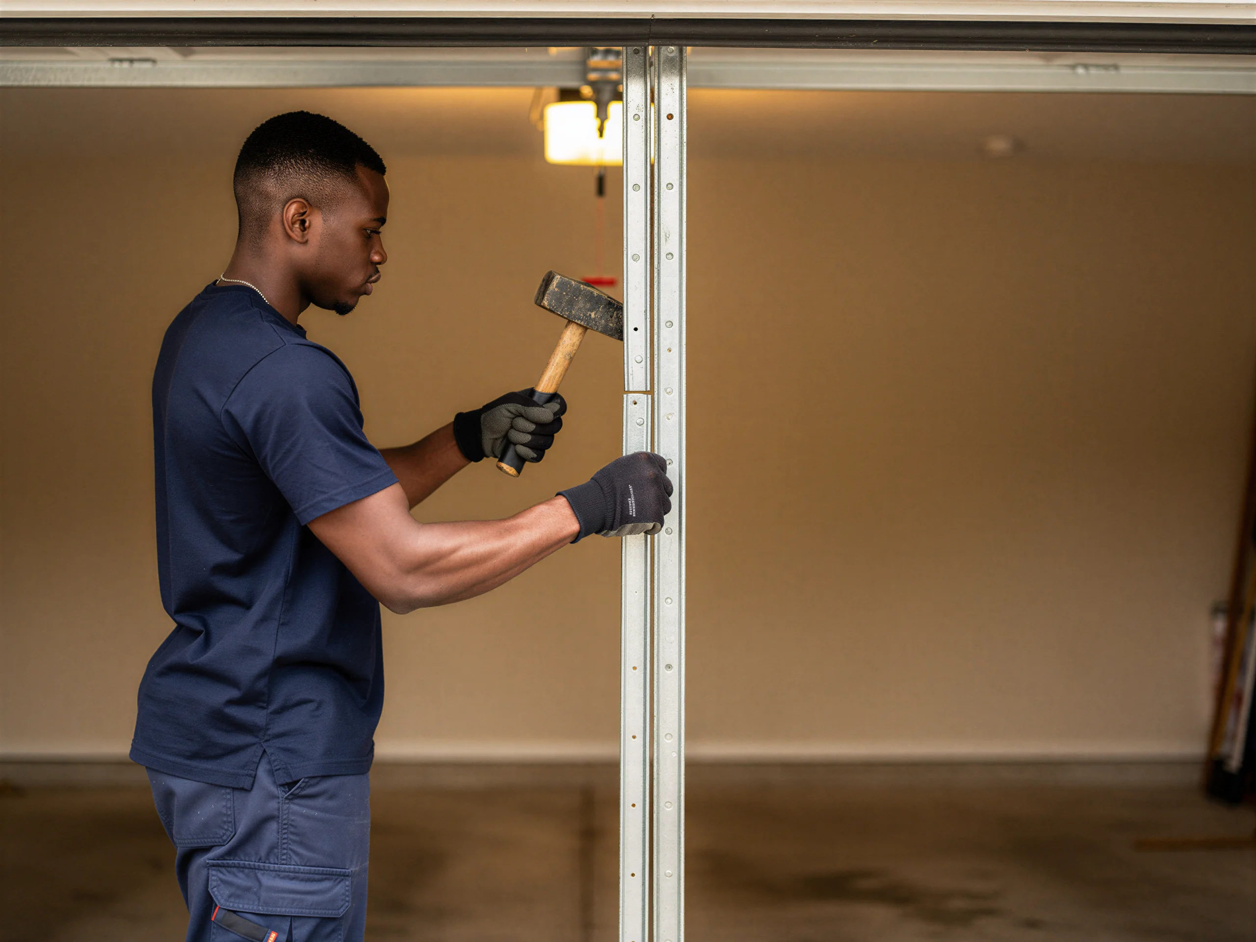 A technician in a blue shirt and gloves uses a hammer on a garage door track.