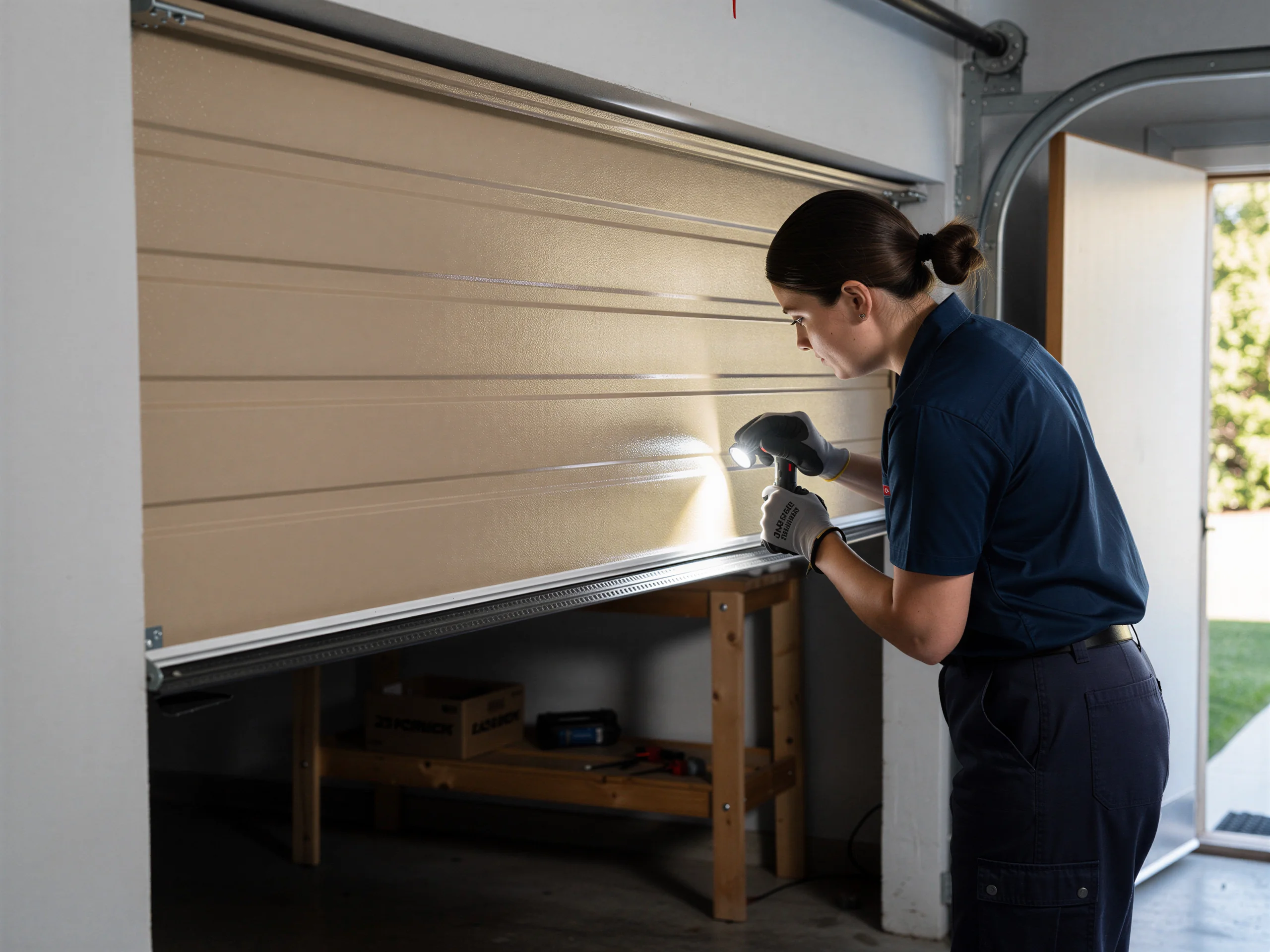 A technician shines a flashlight on the bottom of a beige garage door.